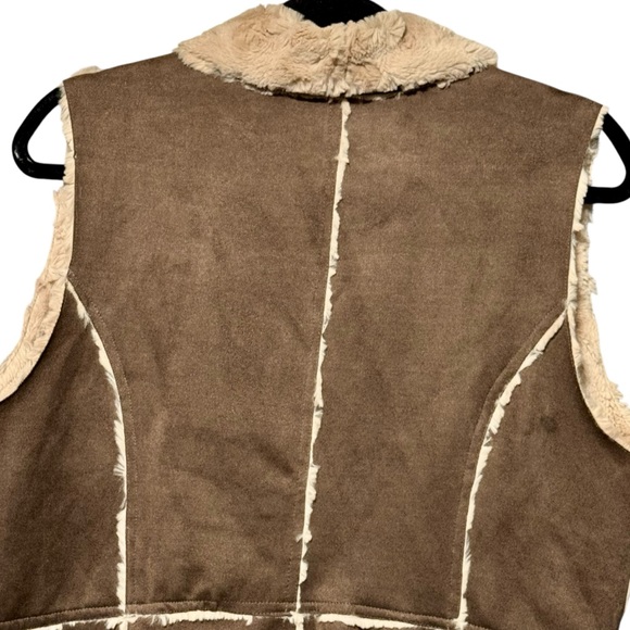 Double Zero Vegan Suede Faux Fur Chocolate Brown Open Front Cardigan Vest - Picture 8 of 11